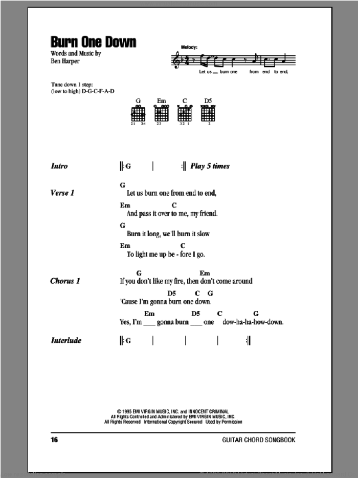 Burn One Down sheet music for guitar (chords) by Ben Harper, intermediate skill level