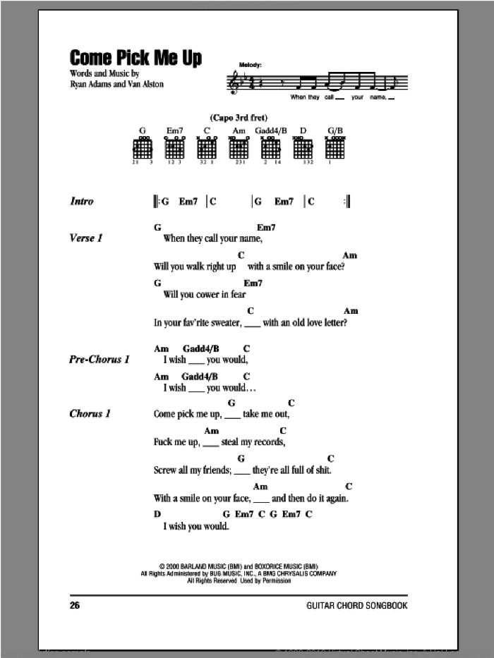 Come Pick Me Up sheet music for guitar (chords) by Ryan Adams and Van Alston, intermediate skill level