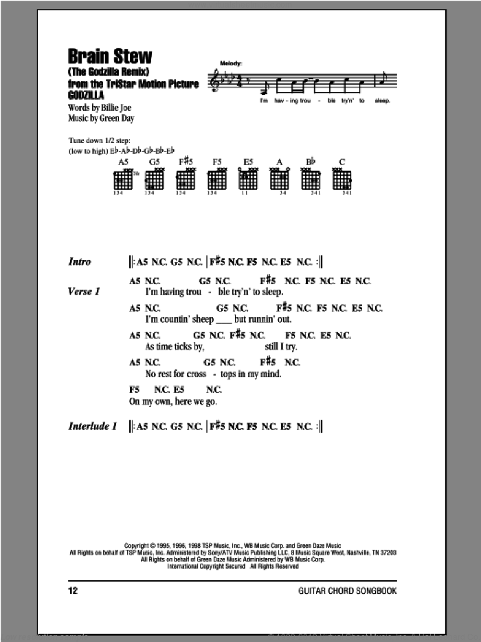 Brain Stew (The Godzilla Remix) sheet music for guitar (chords) by Green Day and Billie Joe Armstrong, intermediate skill level