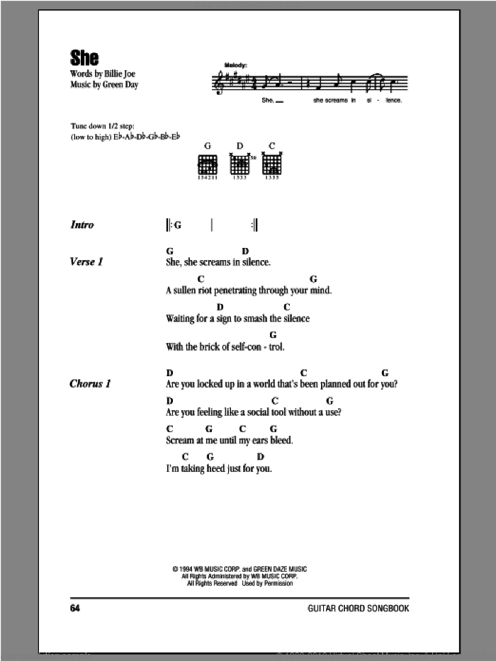 She sheet music for guitar (chords) by Green Day and Billie Joe, intermediate skill level