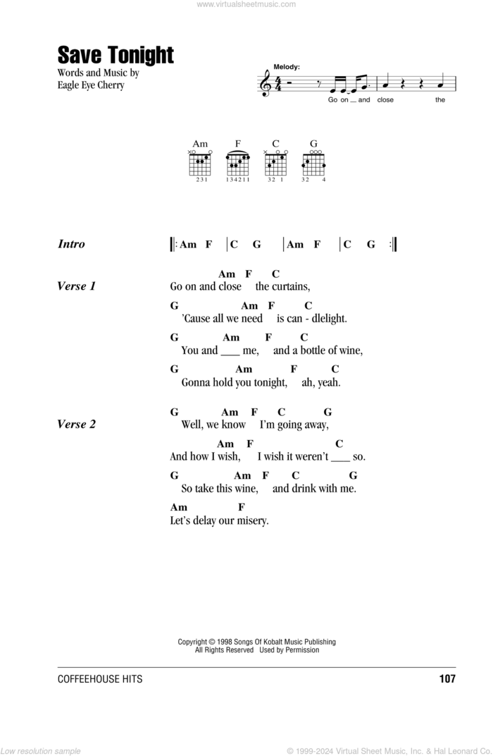 Save Tonight sheet music for guitar (chords) by Eagle-Eye Cherry, intermediate skill level