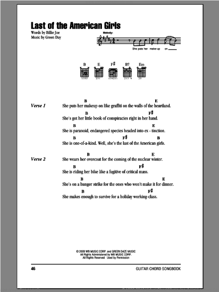 Last Of The American Girls sheet music for guitar (chords) by Green Day and Billie Joe, intermediate skill level
