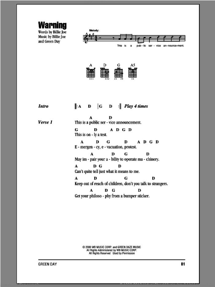 Warning sheet music for guitar (chords) by Green Day and Billie Joe, intermediate skill level