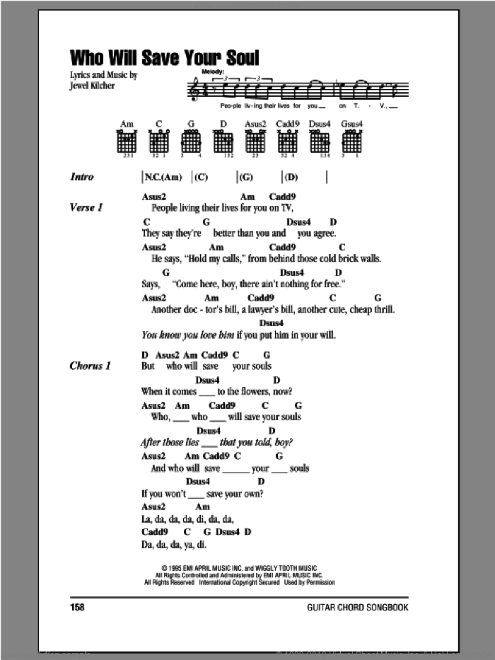 Who Will Save Your Soul sheet music for guitar (chords) by Jewel and Jewel Kilcher, intermediate skill level