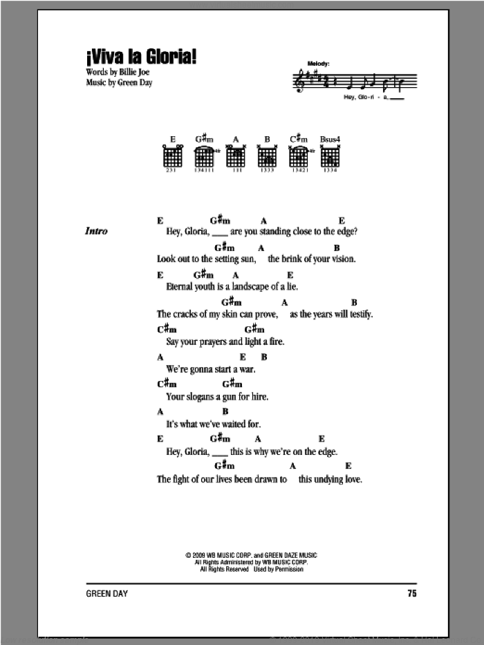 Viva La Gloria! sheet music for guitar (chords) by Green Day and Billie Joe, intermediate skill level