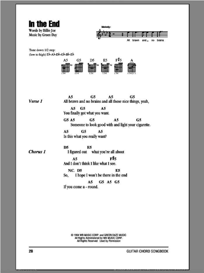 In The End sheet music for guitar (chords) by Green Day and Billie Joe, intermediate skill level