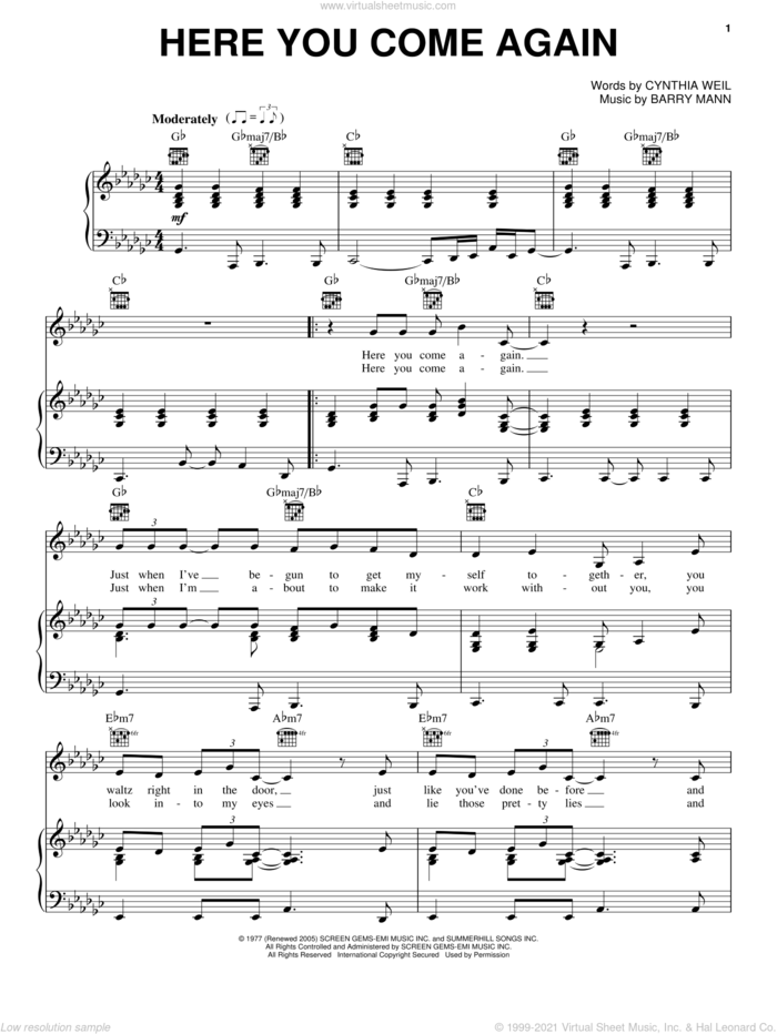 Here You Come Again sheet music for voice, piano or guitar by Dolly Parton, Barry Mann and Cynthia Weil, intermediate skill level
