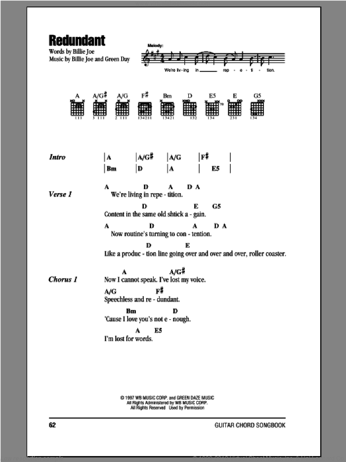 Redundant sheet music for guitar (chords) by Green Day and Billie Joe, intermediate skill level