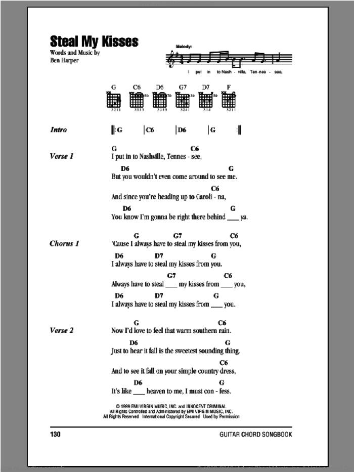 Steal My Kisses sheet music for guitar (chords) by Ben Harper And The Innocent Criminals and Ben Harper, intermediate skill level