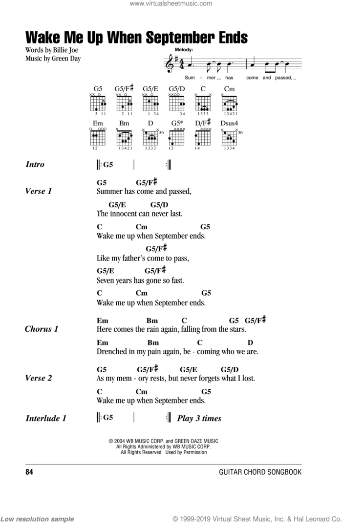 Wake Me Up When September Ends sheet music for guitar (chords) by Green Day and Billie Joe, intermediate skill level