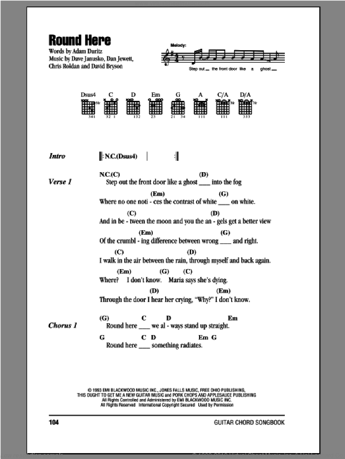 Round Here sheet music for guitar (chords) by Counting Crows, intermediate skill level