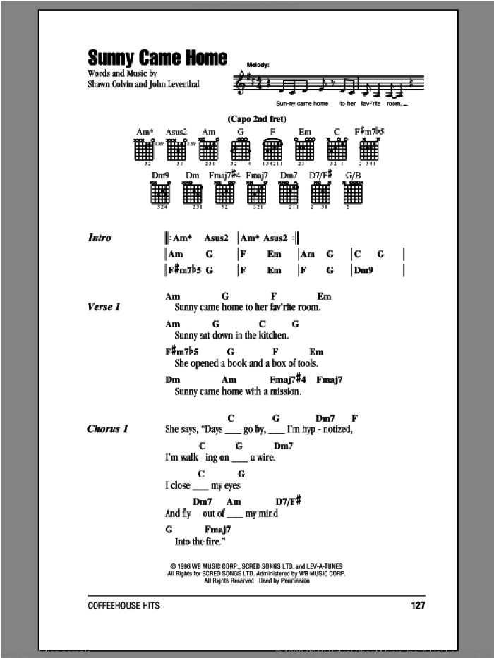 Sunny Came Home sheet music for guitar (chords) by Shawn Colvin and John Leventhal, intermediate skill level