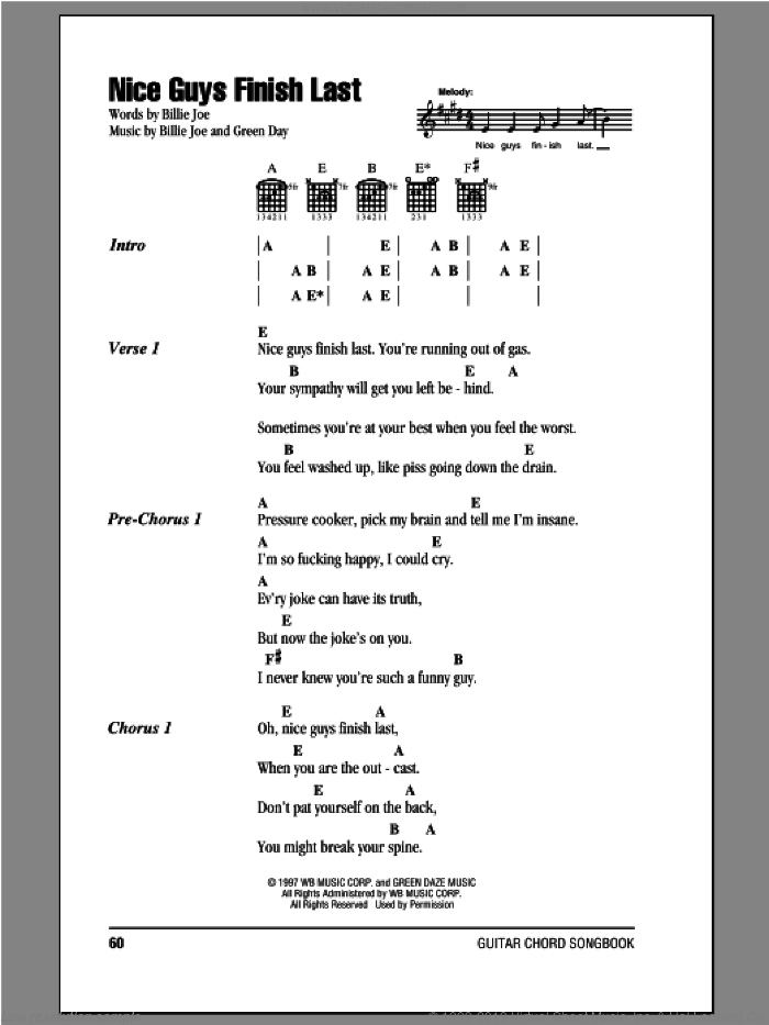 Nice Guys Finish Last sheet music for guitar (chords) by Green Day and Billie Joe, intermediate skill level