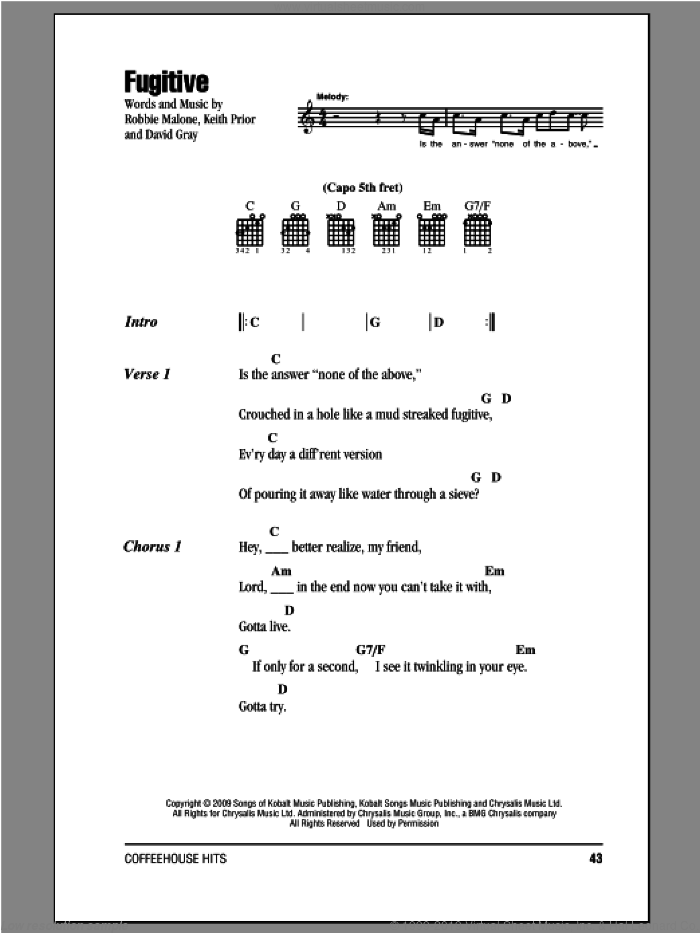 Fugitive sheet music for guitar (chords) by David Gray, Keith Prior and Robbie Malone, intermediate skill level