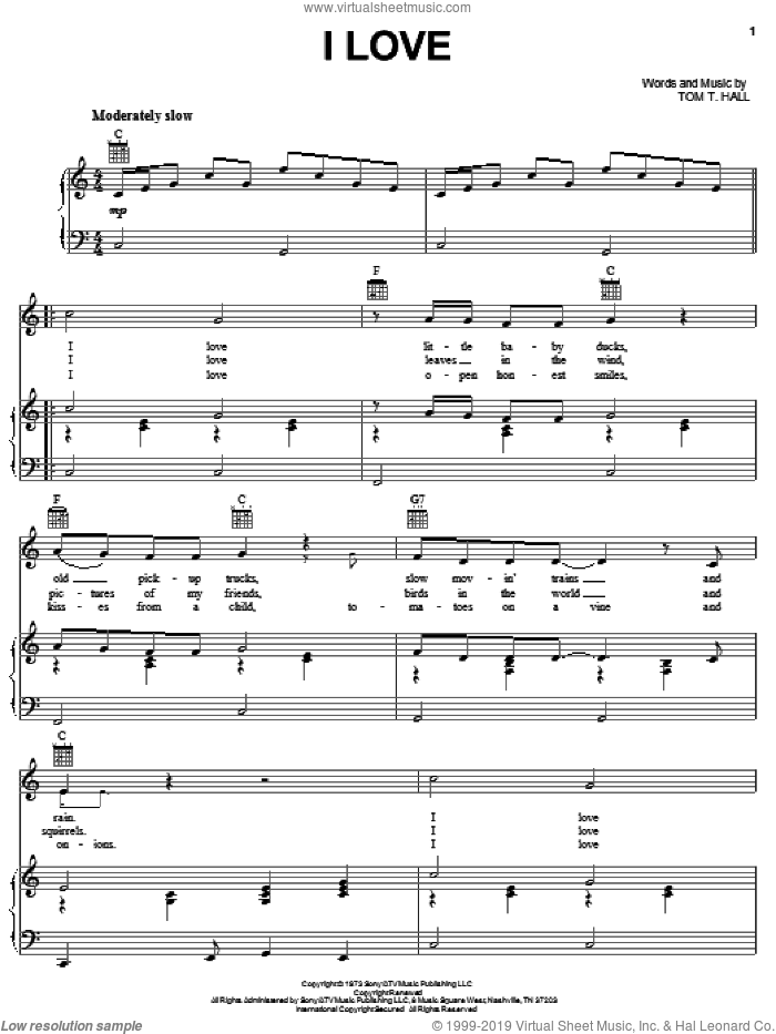 I Love sheet music for voice, piano or guitar by Tom T. Hall, intermediate skill level