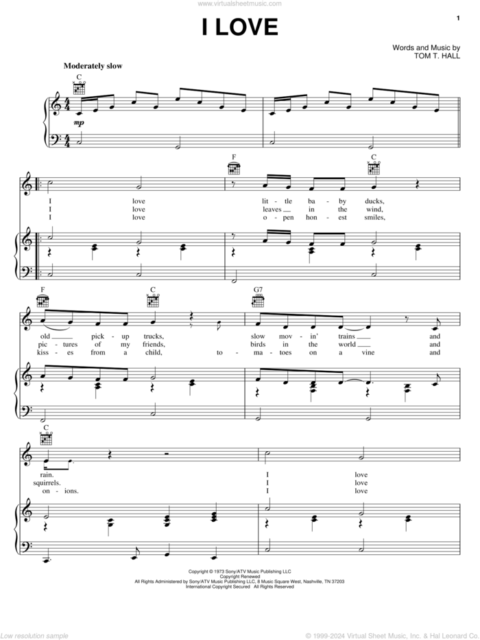 I Love sheet music for voice, piano or guitar by Tom T. Hall, intermediate skill level