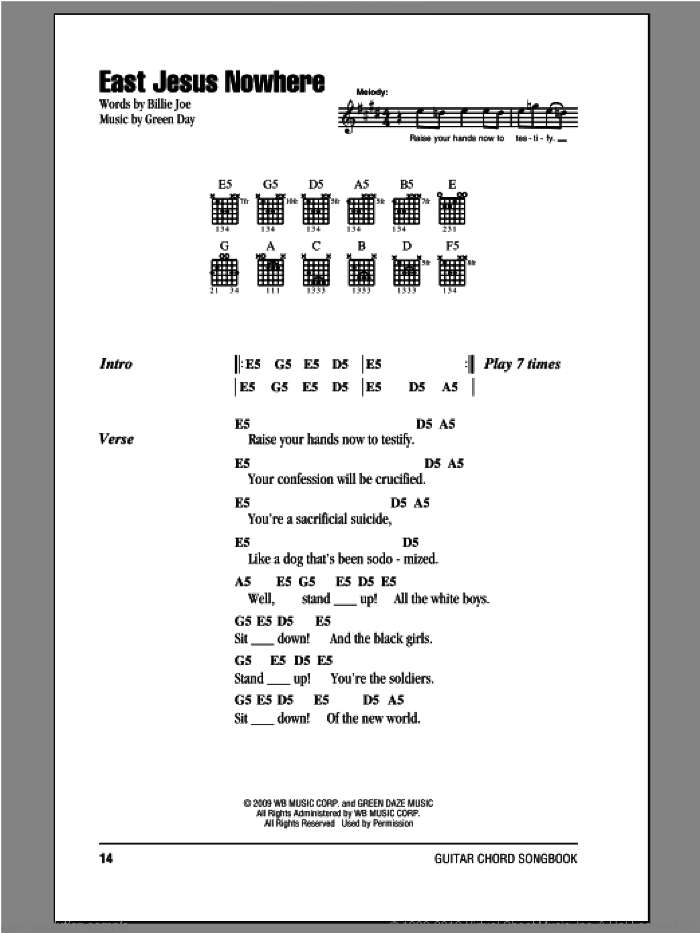 East Jesus Nowhere sheet music for guitar (chords) by Green Day and Billie Joe, intermediate skill level