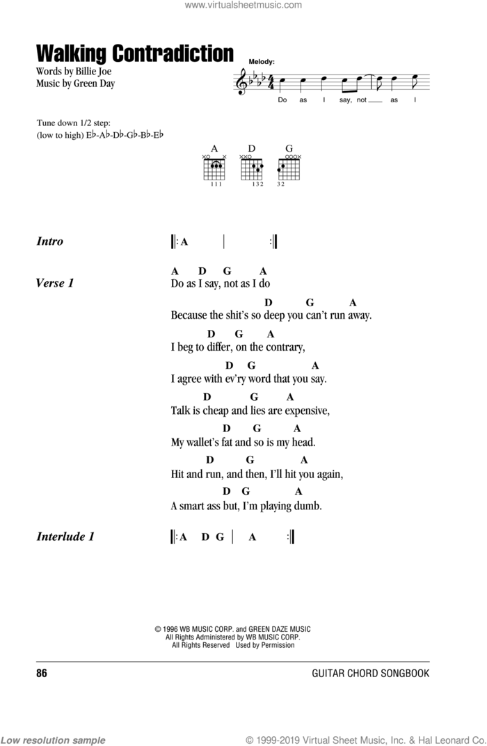 Walking Contradiction sheet music for guitar (chords) by Green Day and Billie Joe, intermediate skill level