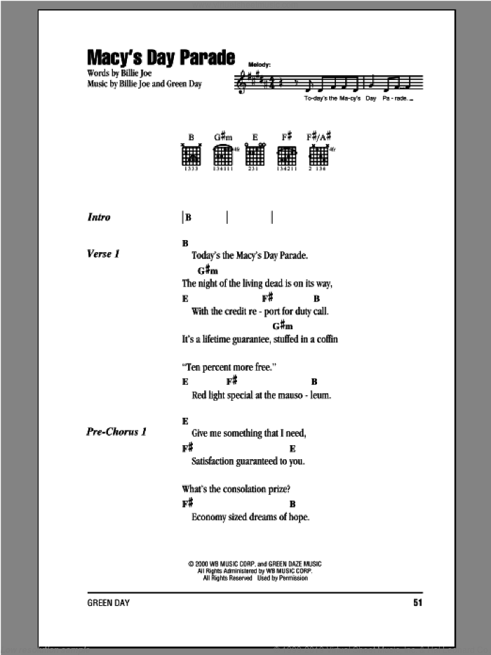 Macy's Day Parade sheet music for guitar (chords) by Green Day and Billie Joe, intermediate skill level