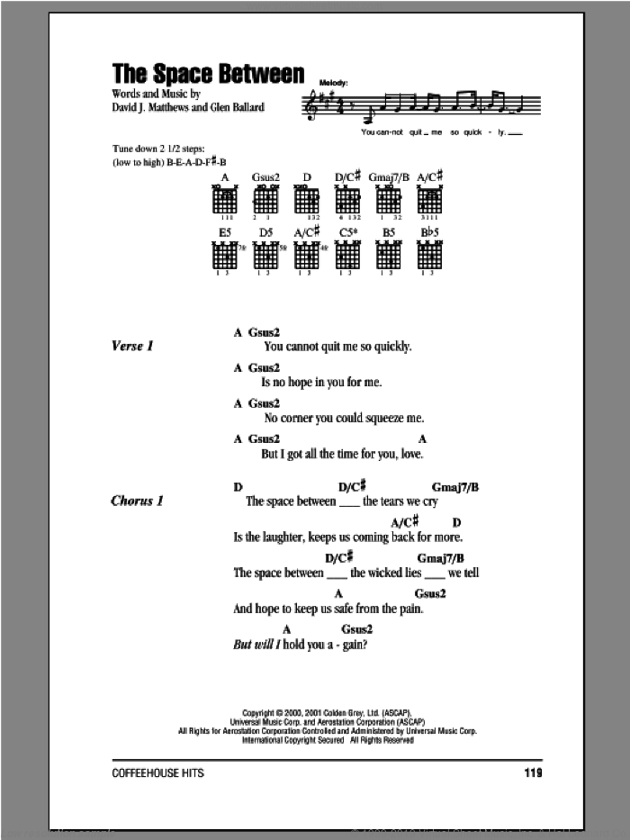 The Space Between sheet music for guitar (chords) by Dave Matthews Band and Glen Ballard, intermediate skill level