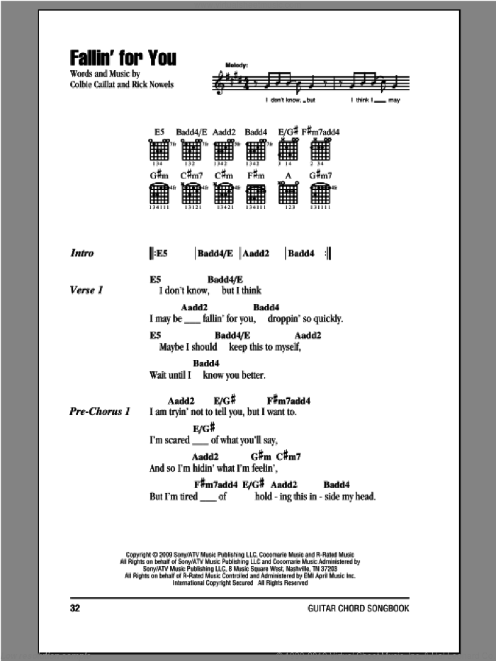 Fallin' For You sheet music for guitar (chords) by Colbie Caillat and Rick Nowels, intermediate skill level