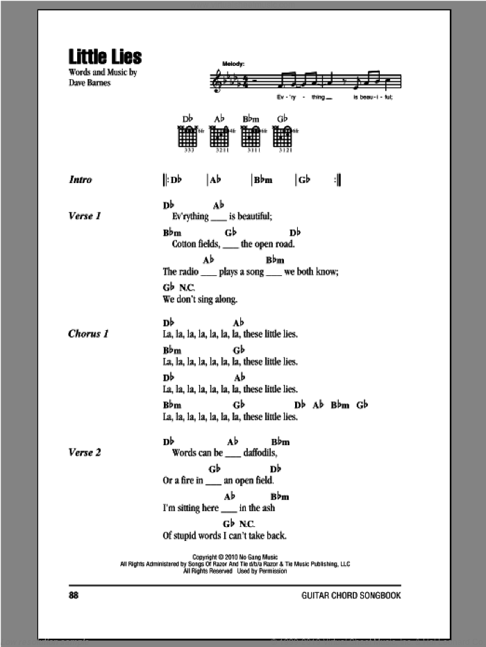 Little Lies sheet music for guitar (chords) by Dave Barnes, intermediate skill level
