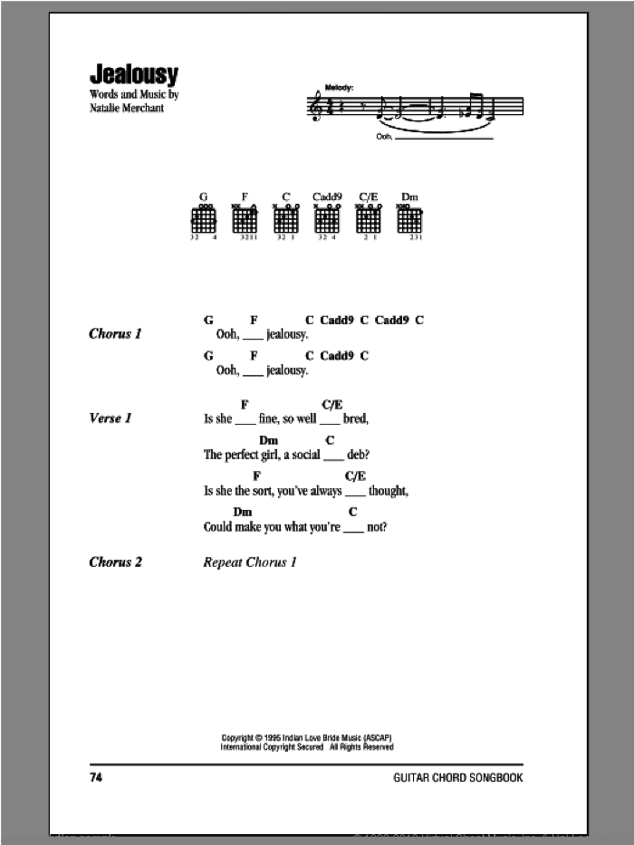 Jealousy sheet music for guitar (chords) by Natalie Merchant, intermediate skill level