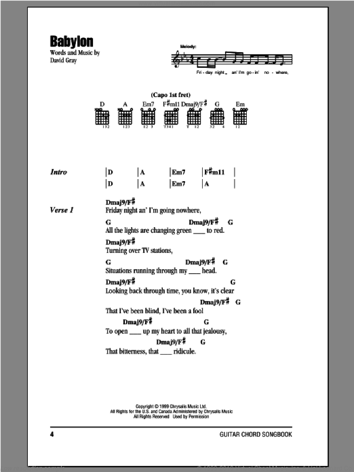 Babylon sheet music for guitar (chords) by David Gray, intermediate skill level