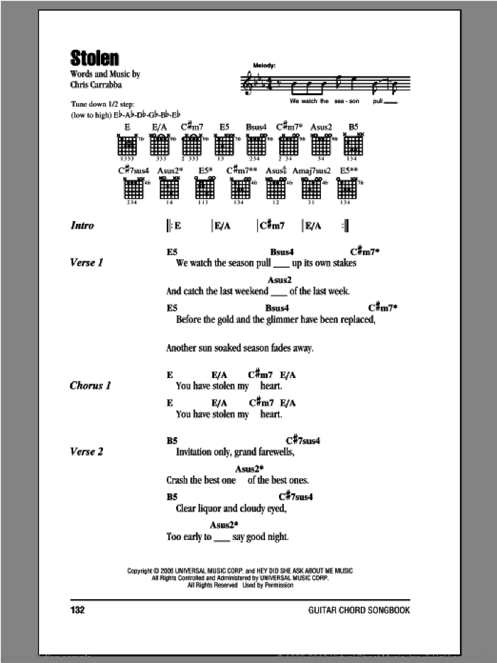 Stolen sheet music for guitar (chords) by Dashboard Confessional and Chris Carrabba, intermediate skill level