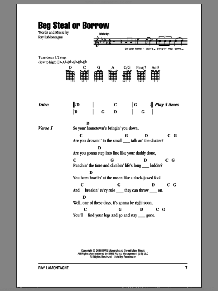 Beg Steal Or Borrow sheet music for guitar (chords) by Ray LaMontagne, intermediate skill level