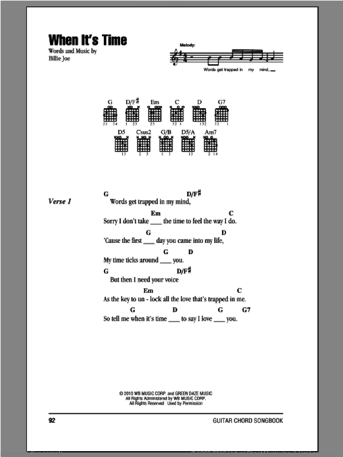 When It's Time sheet music for guitar (chords) by Green Day and Billie Joe, intermediate skill level