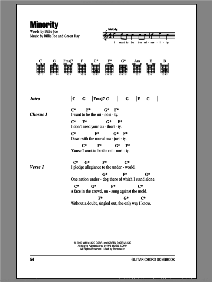Minority sheet music for guitar (chords) by Green Day and Billie Joe, intermediate skill level