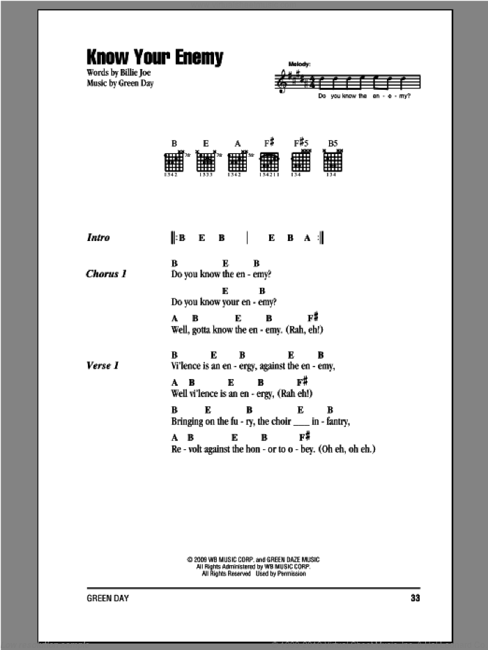Know Your Enemy sheet music for guitar (chords) by Green Day and Billie Joe, intermediate skill level