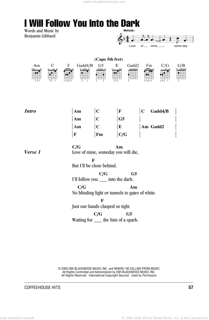 I Will Follow You Into The Dark sheet music for guitar (chords) by Death Cab For Cutie and Benjamin Gibbard, intermediate skill level