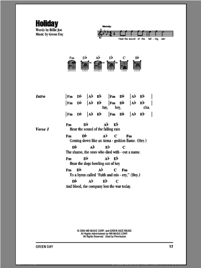 Holiday sheet music for guitar (chords) by Green Day and Billie Joe, intermediate skill level