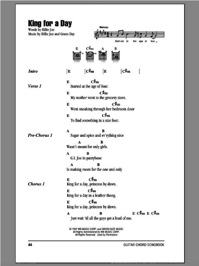 King For A Day sheet music for guitar (chords) by Green Day and Billie Joe, intermediate skill level