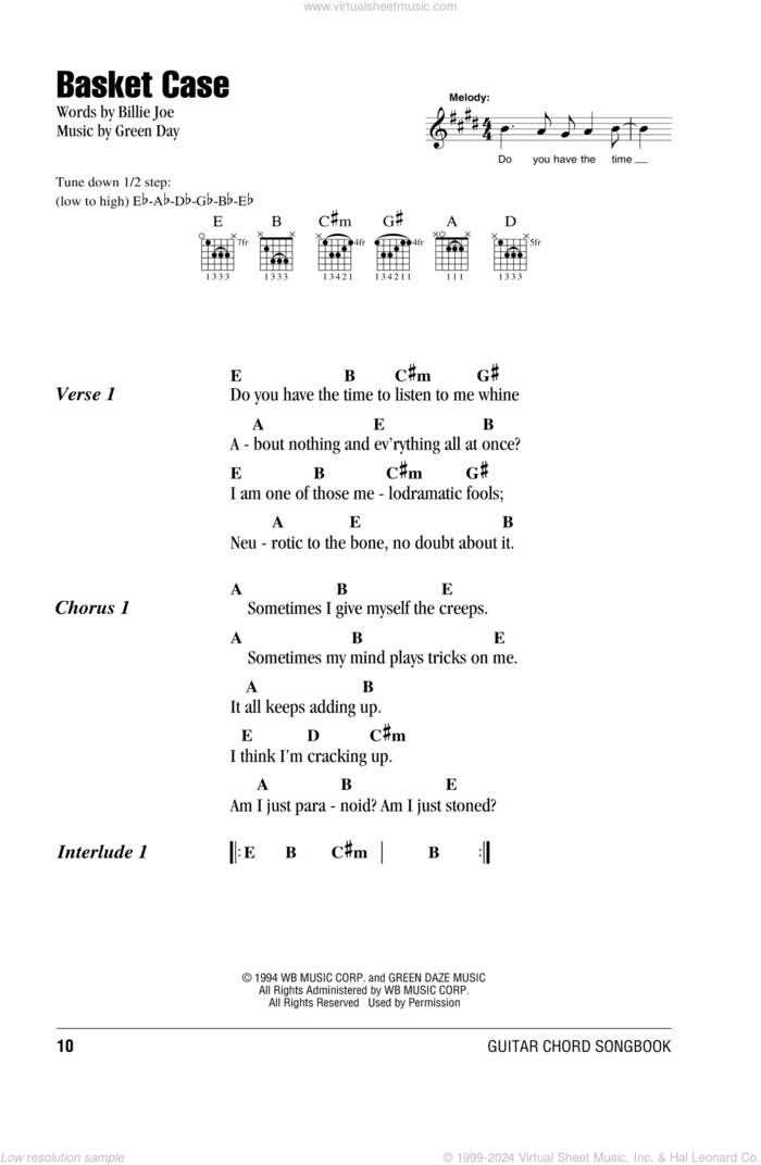 Basket Case sheet music for guitar (chords) by Green Day and Billie Joe, intermediate skill level