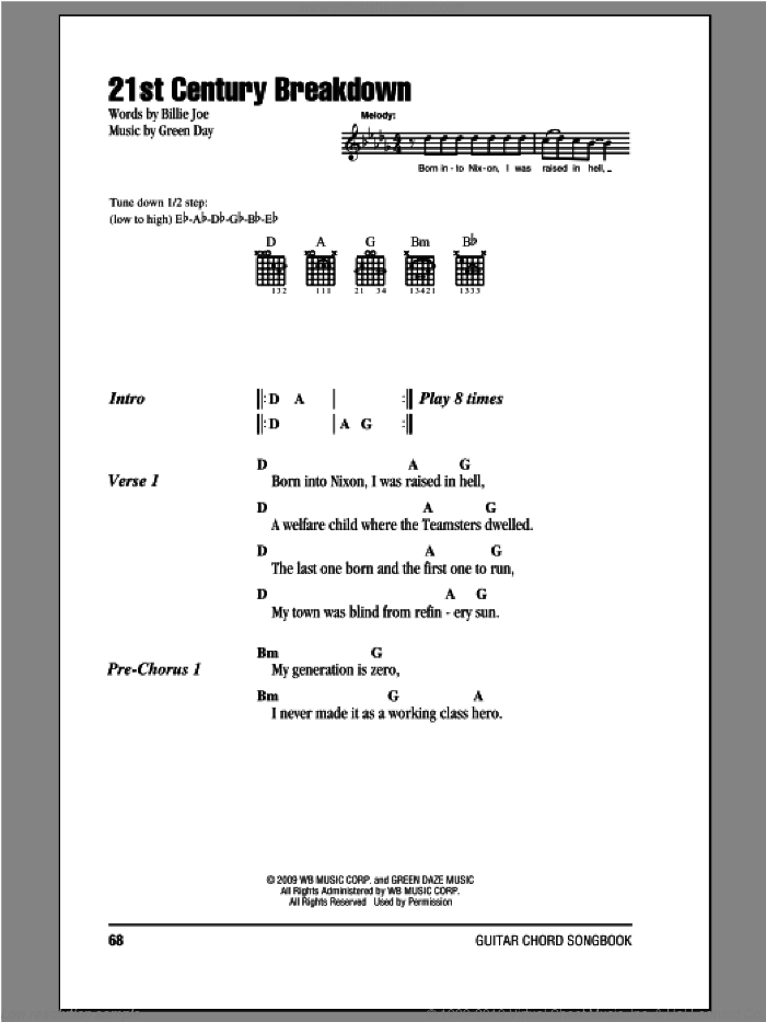 21st Century Breakdown sheet music for guitar (chords) by Green Day and Billie Joe, intermediate skill level