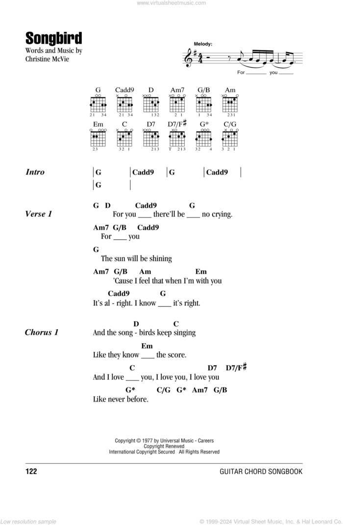 Songbird sheet music for guitar (chords) by Fleetwood Mac and Christine McVie, intermediate skill level