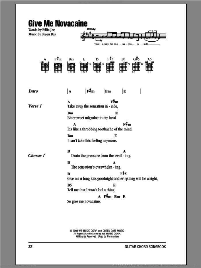 Give Me Novacaine sheet music for guitar (chords) by Green Day and Billie Joe, intermediate skill level