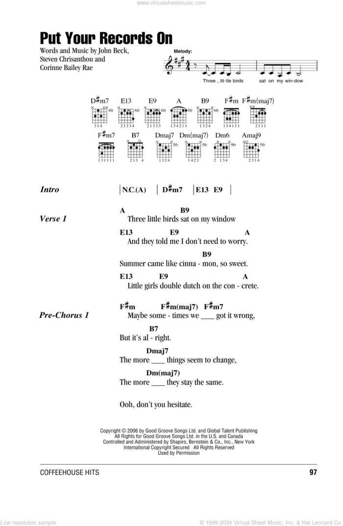 Put Your Records On sheet music for guitar (chords) by Corinne Bailey Rae, John Beck and Steven Crisanthou, intermediate skill level