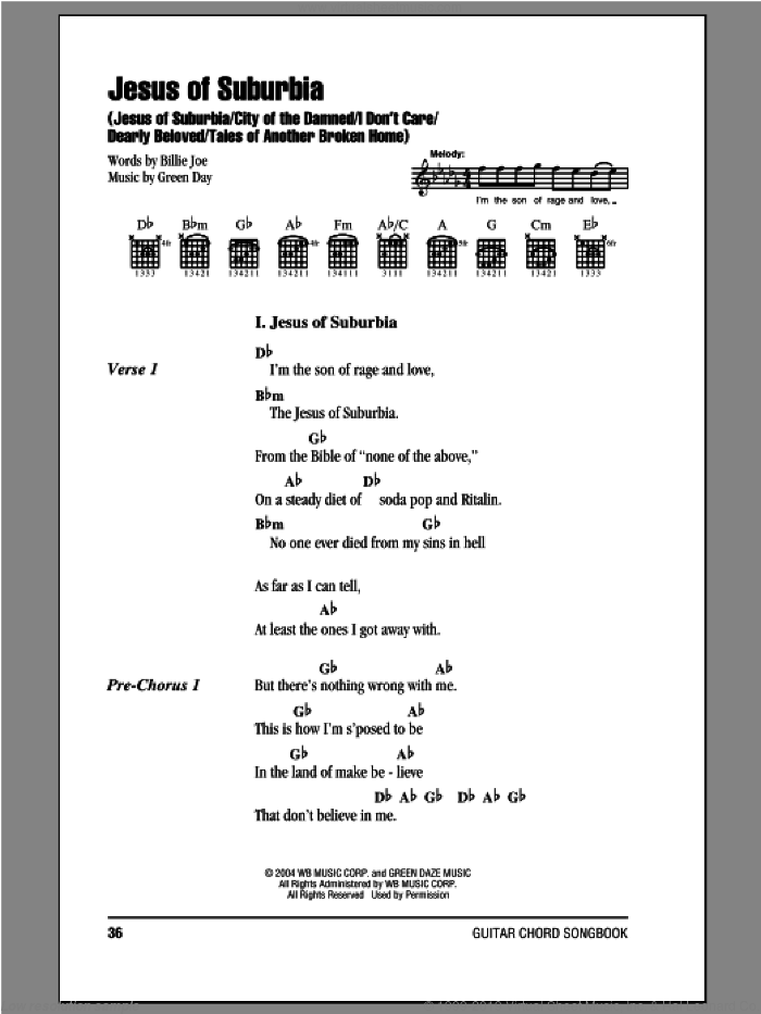 Jesus Of Suburbia: Jesus Of Suburbia/City Of The Damned/I Don't Care/Dearly Beloved/Tales Of Another sheet music for guitar (chords) by Green Day and Billie Joe, intermediate skill level
