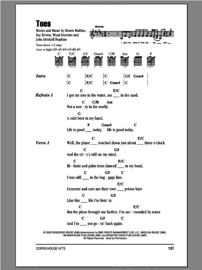 Toes sheet music for guitar (chords) by Zac Brown Band and Zac Brown, intermediate skill level