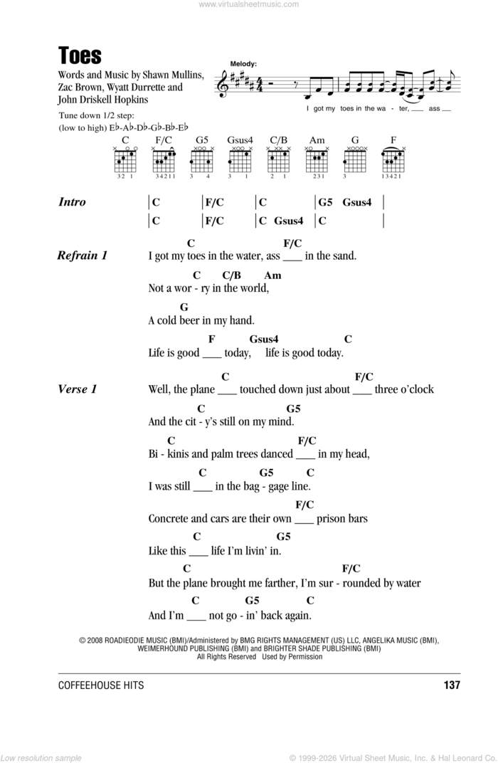 Toes sheet music for guitar (chords) by Zac Brown Band and Zac Brown, intermediate skill level