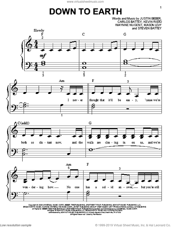 Down To Earth sheet music for piano solo (big note book) by Justin Bieber, easy piano (big note book)