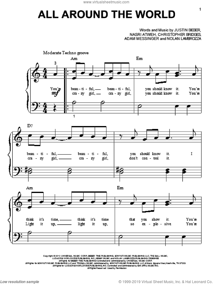 All Around The World sheet music for piano solo (big note book) by Justin Bieber, easy piano (big note book)