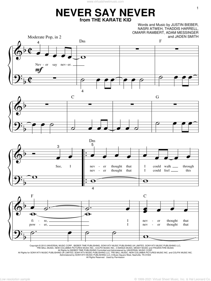 Never Say Never sheet music for piano solo (big note book) by Justin Bieber, easy piano (big note book)