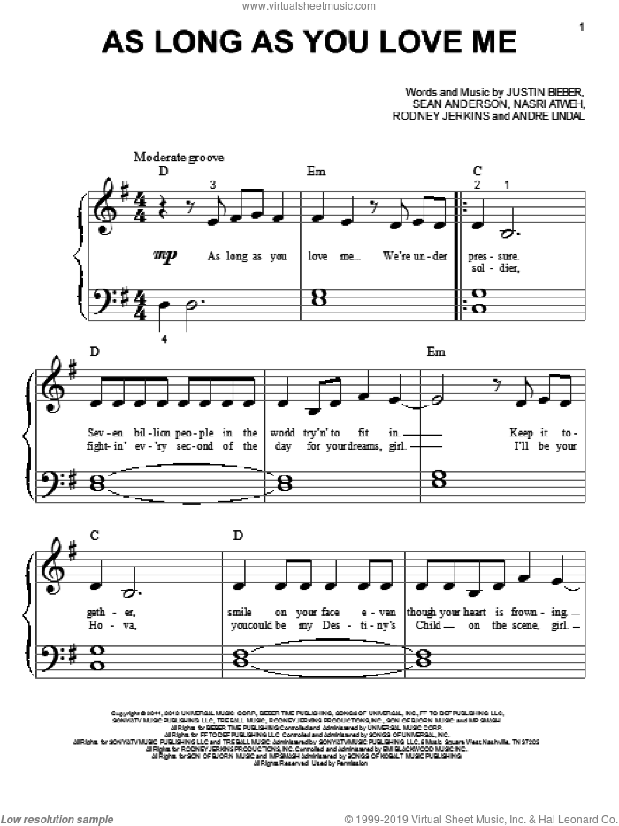 As Long As You Love Me sheet music for piano solo (big note book) by Justin Bieber, easy piano (big note book)