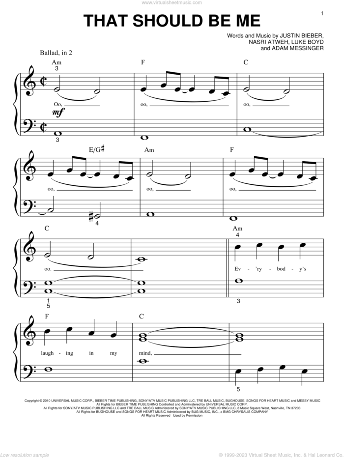 That Should Be Me sheet music for piano solo (big note book) by Justin Bieber, easy piano (big note book)