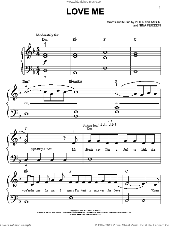 Love Me sheet music for piano solo (big note book) by Justin Bieber, easy piano (big note book)